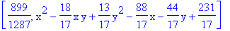 [899/1287, x^2-18/17*x*y+13/17*y^2-88/17*x-44/17*y+231/17]